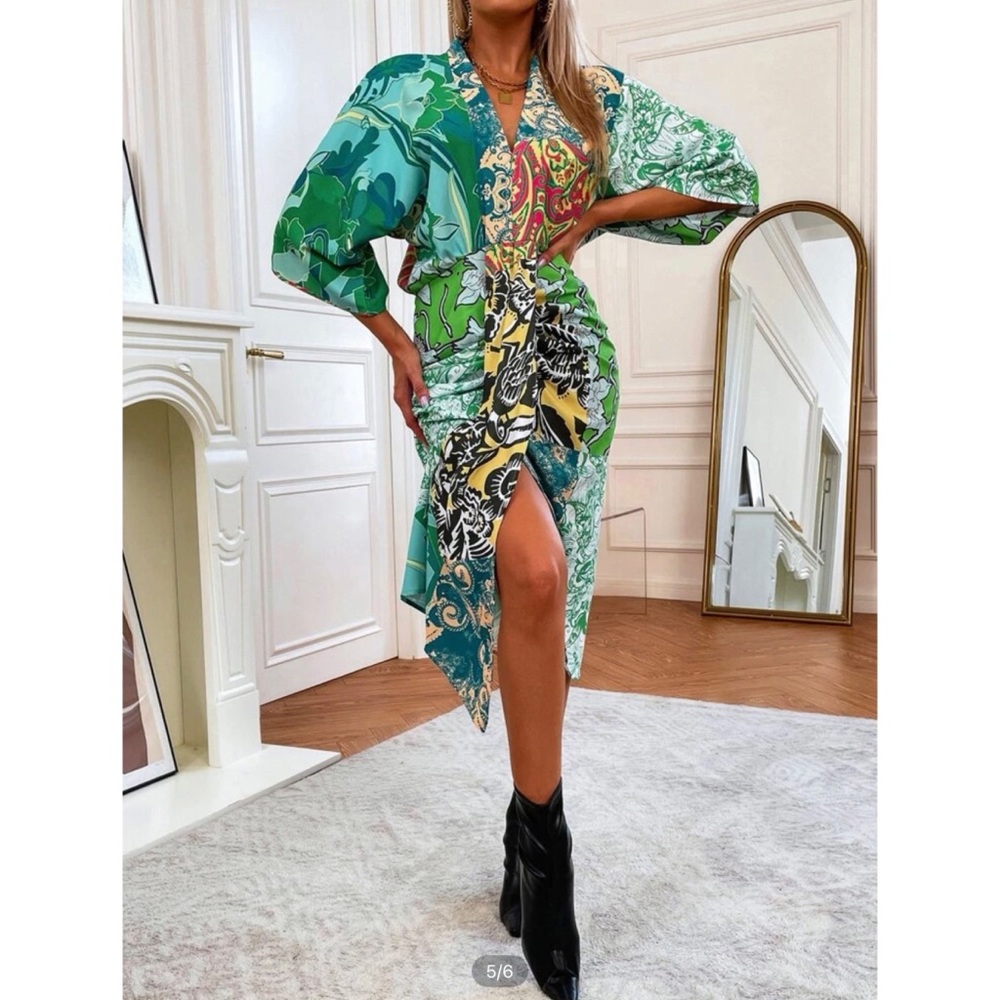 Shien floral and paisley print v neck batwing dress